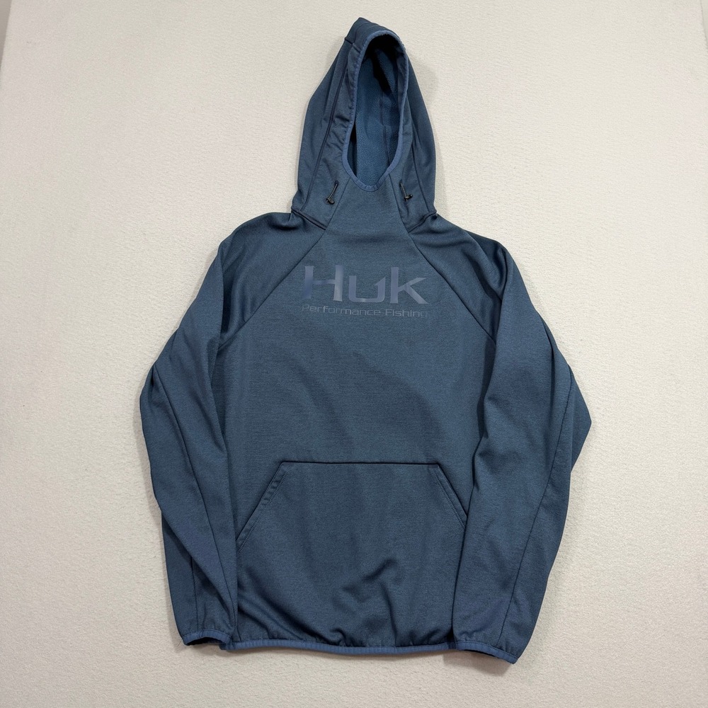 Huk Fin Hoodie Mens Small Blue Performance Fishing Fleece Pullover Logo Outdoors